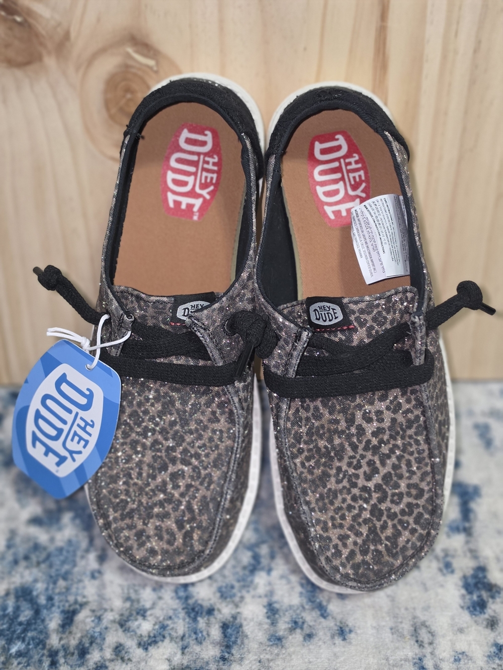 Hey Dude Women's Sparkly Leopard Print Moccasins in Black and Brown